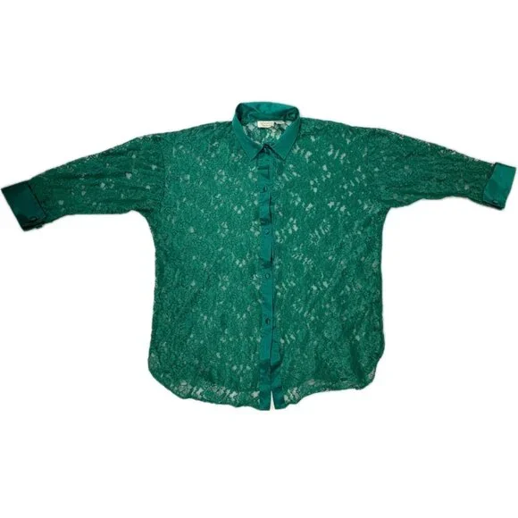 VICTORIA'S SECRET | Vtg GOLD Label Sheer Green Lace Sleep Shirt 80s 90s Sz M/L - Picture 4 of 16